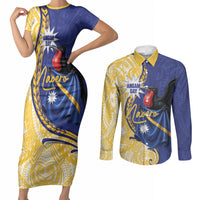 Personalised Nauru Angam Day Couples Matching Short Sleeve Bodycon Dress and Long Sleeve Button Shirt Naoero Frigatebird With Flag Proud