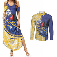 Personalised Nauru Angam Day Couples Matching Summer Maxi Dress and Long Sleeve Button Shirt Naoero Frigatebird With Flag Proud