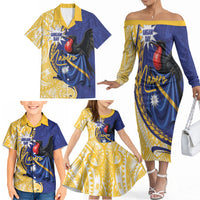 Personalised Nauru Angam Day Family Matching Off The Shoulder Long Sleeve Dress and Hawaiian Shirt Naoero Frigatebird With Flag Proud