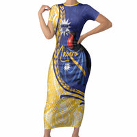 Personalised Nauru Angam Day Short Sleeve Bodycon Dress Naoero Frigatebird With Flag Proud