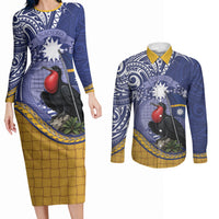 Magnificent Frigatebird Nauru Couples Matching Long Sleeve Bodycon Dress and Long Sleeve Button Shirt Pandanus Weaving Polynesian Pattern