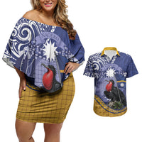 Magnificent Frigatebird Nauru Couples Matching Off Shoulder Short Dress and Hawaiian Shirt Pandanus Weaving Polynesian Pattern