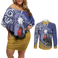Magnificent Frigatebird Nauru Couples Matching Off Shoulder Short Dress and Long Sleeve Button Shirt Pandanus Weaving Polynesian Pattern