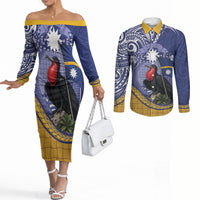 Magnificent Frigatebird Nauru Couples Matching Off The Shoulder Long Sleeve Dress and Long Sleeve Button Shirt Pandanus Weaving Polynesian Pattern