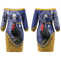 Magnificent Frigatebird Nauru Couples Matching Off The Shoulder Long Sleeve Dress and Long Sleeve Button Shirt Pandanus Weaving Polynesian Pattern
