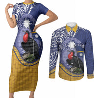 Magnificent Frigatebird Nauru Couples Matching Short Sleeve Bodycon Dress and Long Sleeve Button Shirt Pandanus Weaving Polynesian Pattern