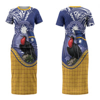Magnificent Frigatebird Nauru Couples Matching Short Sleeve Bodycon Dress and Long Sleeve Button Shirt Pandanus Weaving Polynesian Pattern