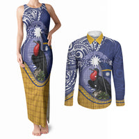 Magnificent Frigatebird Nauru Couples Matching Tank Maxi Dress and Long Sleeve Button Shirt Pandanus Weaving Polynesian Pattern