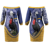 Magnificent Frigatebird Nauru Family Matching Off The Shoulder Long Sleeve Dress and Hawaiian Shirt Pandanus Weaving Polynesian Pattern
