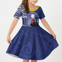 Magnificent Frigatebird Nauru Kid Short Sleeve Dress Pandanus Weaving Polynesian Pattern