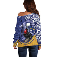 Magnificent Frigatebird Nauru Off Shoulder Sweater Pandanus Weaving Polynesian Pattern