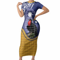 Magnificent Frigatebird Nauru Short Sleeve Bodycon Dress Pandanus Weaving Polynesian Pattern