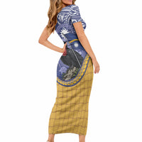 Magnificent Frigatebird Nauru Short Sleeve Bodycon Dress Pandanus Weaving Polynesian Pattern
