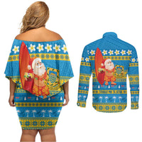 Tuvalu Christmas Couples Matching Off Shoulder Short Dress and Long Sleeve Button Shirt Cute Santa Manuia te Kilisimasi - Polynesian Pride