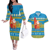 Tuvalu Christmas Couples Matching Off The Shoulder Long Sleeve Dress and Hawaiian Shirt Cute Santa Manuia te Kilisimasi - Polynesian Pride