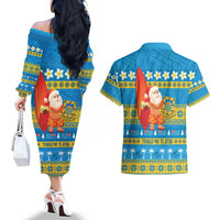 Tuvalu Christmas Couples Matching Off The Shoulder Long Sleeve Dress and Hawaiian Shirt Cute Santa Manuia te Kilisimasi - Polynesian Pride