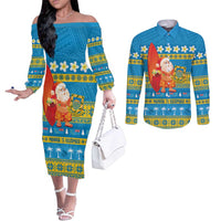 Tuvalu Christmas Couples Matching Off The Shoulder Long Sleeve Dress and Long Sleeve Button Shirt Cute Santa Manuia te Kilisimasi - Polynesian Pride