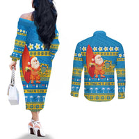 Tuvalu Christmas Couples Matching Off The Shoulder Long Sleeve Dress and Long Sleeve Button Shirt Cute Santa Manuia te Kilisimasi - Polynesian Pride