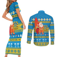 Tuvalu Christmas Couples Matching Short Sleeve Bodycon Dress and Long Sleeve Button Shirt Cute Santa Manuia te Kilisimasi - Polynesian Pride