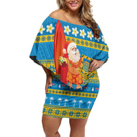 Tuvalu Christmas Family Matching Off Shoulder Short Dress and Hawaiian Shirt Cute Santa Manuia te Kilisimasi - Polynesian Pride