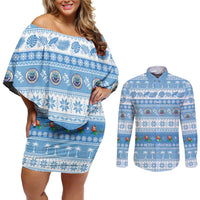FSM Christmas Couples Matching Off Shoulder Short Dress and Long Sleeve Button Shirt Merry Xmas Federated States of Micronesia - Polynesian Pride