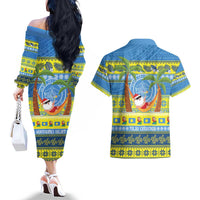 Palau Christmas Couples Matching Off The Shoulder Long Sleeve Dress and Hawaiian Shirt Chilling Santa Ungil Kurismas - Polynesian Pride