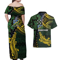 Solomon Islands Couples Matching Off Shoulder Maxi Dress and Hawaiian Shirt 677 Proud Crocodile Melanesian Pattern - Polynesian Pride