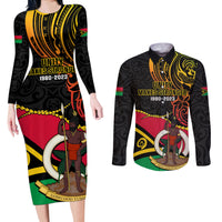 Personalised Vanuatu Unity Day Couples Matching Long Sleeve Bodycon Dress and Long Sleeve Button Shirt 29 November Coat Of Arms With Flag Style LT14 Black - Polynesian Pride