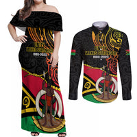 Personalised Vanuatu Unity Day Couples Matching Off Shoulder Maxi Dress and Long Sleeve Button Shirt 29 November Coat Of Arms With Flag Style LT14 Black - Polynesian Pride