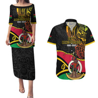 Personalised Vanuatu Unity Day Couples Matching Puletasi Dress and Hawaiian Shirt 29 November Coat Of Arms With Flag Style LT14 Black - Polynesian Pride