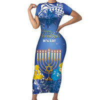 Personalised Hanukkah Jewish Festival Short Sleeve Bodycon Dress It's Lit - Polynesian Pattern LT14 Long Dress Blue - Polynesian Pride