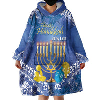 Personalised Hanukkah Jewish Festival Wearable Blanket Hoodie It's Lit - Polynesian Pattern