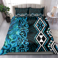 Turquoise Aotearoa Bedding Set Taniko Motifs With Paua Shell Kowhaiwhai