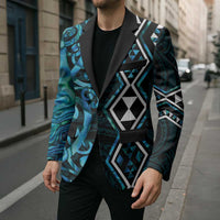 Turquoise Aotearoa Blazer Taniko Motifs With Paua Shell Kowhaiwhai - Polynesian Pride