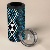 Turquoise Aotearoa 4 in 1 Can Cooler Tumbler Taniko Motifs With Paua Shell Kowhaiwhai