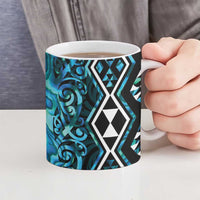 Turquoise Aotearoa Ceramic Mug Taniko Motifs With Paua Shell Kowhaiwhai - Polynesian Pride