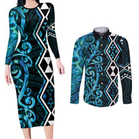 Turquoise Aotearoa Couples Matching Long Sleeve Bodycon Dress and Long Sleeve Button Shirt Taniko Motifs With Paua Shell Kowhaiwhai