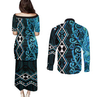 Turquoise Aotearoa Couples Matching Puletasi and Long Sleeve Button Shirt Taniko Motifs With Paua Shell Kowhaiwhai