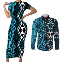 Turquoise Aotearoa Couples Matching Short Sleeve Bodycon Dress and Long Sleeve Button Shirt Taniko Motifs With Paua Shell Kowhaiwhai