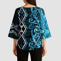 Turquoise Aotearoa Kimono Sleeve Blouse Taniko Motifs With Paua Shell Kowhaiwhai - Polynesian Pride