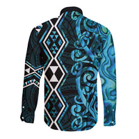 Turquoise Aotearoa Long Sleeve Button Shirt Taniko Motifs With Paua Shell Kowhaiwhai