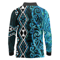Turquoise Aotearoa Long Sleeve Polo Shirt Taniko Motifs With Paua Shell Kowhaiwhai
