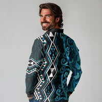Turquoise Aotearoa Long Sleeve Polo Shirt Taniko Motifs With Paua Shell Kowhaiwhai