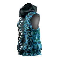 Turquoise Aotearoa Sleeveless Hoodie Taniko Motifs With Paua Shell Kowhaiwhai - Polynesian Pride