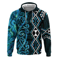 Turquoise Aotearoa Zip Hoodie Taniko Motifs With Paua Shell Kowhaiwhai LT14 Pullover Hoodie Turquoise - Polynesian Pride