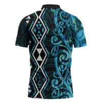 Turquoise Aotearoa Zipper Polo Shirt Taniko Motifs With Paua Shell Kowhaiwhai - Polynesian Pride
