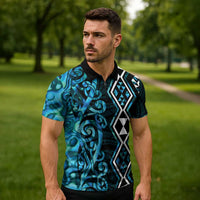 Turquoise Aotearoa Zipper Polo Shirt Taniko Motifs With Paua Shell Kowhaiwhai - Polynesian Pride
