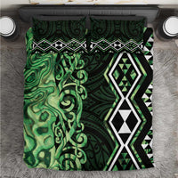Green Aotearoa Bedding Set Taniko Motifs With Paua Shell Kowhaiwhai