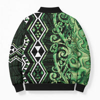 Green Aotearoa Bomber Puffer Jacket Taniko Motifs With Paua Shell Kowhaiwhai - Polynesian Pride