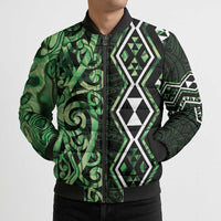 Green Aotearoa Bomber Puffer Jacket Taniko Motifs With Paua Shell Kowhaiwhai - Polynesian Pride